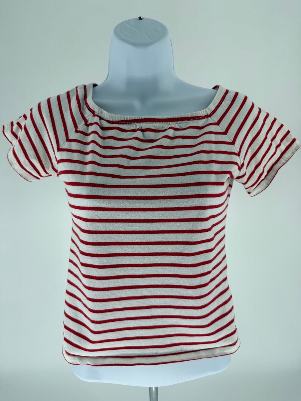 Jeanswest Women Small Red White Breton Stripe Boat Neck Cotton Short Sleeve Top